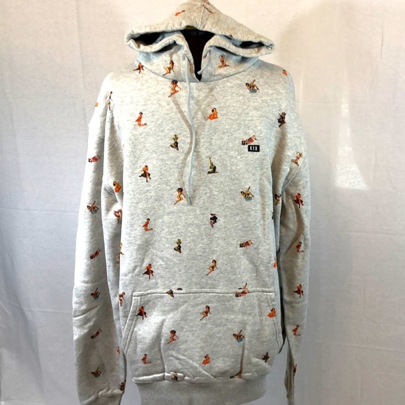Mens K1X Warm Fleece Sportswear Pin Up Babes Hoodie Light Gray sizes XL and 2XL - Picture 3 of 8